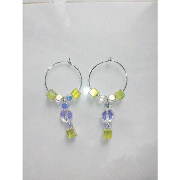 Handmade 2 1/2" Long Iridescent/Green Glass Beaded Earrings - Picture 2 of 4